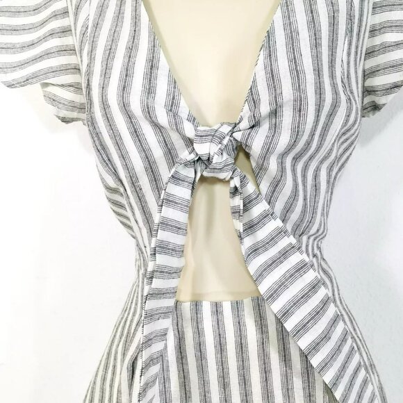 &Merci Tie Front Linen Blend Dress Sz M Flutter Sleeves Stretch Waist Cut Out - Picture 5 of 12